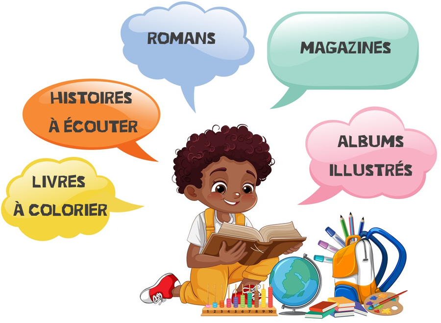 Un enfant entouré de bulles : romans, magazines, histoires à écouter, albums illustrés, livres à colorier